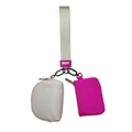 Detail view of mini wrist bag set featuring beige and rose red nylon pouches with metal chains - Light Pink + Rose Red
