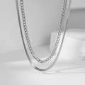 Double-layered silver titanium steel necklace featuring a cuban chain and smooth snake chain - H1092 Flat Chain Blade Necklace Steel