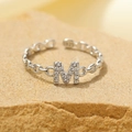 Polished S925 sterling silver M-shaped letter ring with cubic zirconia in bright silver - Silver-Letter M