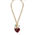 Golden chain necklace with red heart, white baroque pearl, and green stone charms - Red Heart Necklace