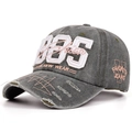 Detail of 1985 embroidery and distressed edges on vintage grey washed cotton cap - Adjustable / Olive Green