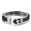 Bracciale a doppio strato in pelle nera intrecciata con chiusura ancora in acciaio - Pelle Nera Fibbia ad Ancora Argento (KB62349-BD) / 19cm