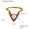 V-shaped stainless steel ring in gold finish with a pear-shaped pink zircon stone - Gold Pink Zirconia
