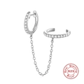 Detailed close-up of S925 sterling silver chain earrings with zircon stud and cuff - Silver-Single Piece