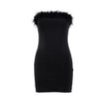 Abito corto nero sexy senza spalline con piume sullo scollo e vestibilità aderente - S / Nero