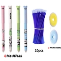 Panda erasable gel pen set with four colorful pens, 10 refills, and two round erasers - Panda Style Pens And Refills And Erasers / Black Ink
