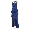 Detail of side high slit and ruched waist on navy blue satin halter neck dress - XS / Navy Blue