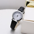 Classic women's quartz watch with silver metal case and black leather strap shown at 45-degree angle - Silver Case Arabic Numerals White Dial Black Strap