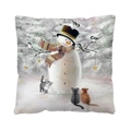 Square linen cushion cover featuring a festive winter snowman and cats illustration - Snowman and Three Cats (QJB6689) / 45x45cm Single-sided