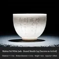 Polished suet jade white ceramic teacup with embossed Chinese calligraphy and horses - Round Cup [Success - Relief]