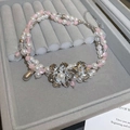 Collier double rang avec perles blanches, perles roses et pendentifs fleurs argentés - Rose Blanc (106# Collier)
