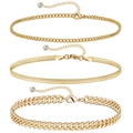 Detailed set of three gold plated anklets with Cuban and snake chain textures - Gold Cuban Snake Chain Combination