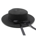 Elegant black woven flat top boater hat with side ribbon bow for outdoor sun protection - Black