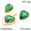Golden heart jewelry set with iridescent green stones featuring necklace and earrings - Iridescent Heart Set (KS201184-GG)