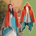 Poncho à capuche en tricot avec dégradé orange bleu et franges pour le voyage - Couleur 11