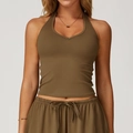Olive green V-neck ribbed yoga tank top and drawstring shorts set for women workout - S / Coffee