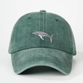 Vintage dark green washed cotton baseball cap featuring embroidered whale design - Dark Green