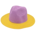 Detail of two-tone purple and yellow straw hat showing finely woven sun protection fabric - One Size / Purple + Yellow