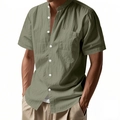 Close-up of olive green linen shirt featuring stand collar and chest pocket detail - Army Green