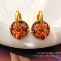 Golden Chinese style enamel floral earrings with vibrant red beads and colorful accents - T2343 Style / Hollow Flower Red Bead
