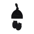 Newborn knit set featuring a black knotted baby hat and matching scratch mittens - Black Hat and Mittens