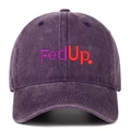 Detail of embroidered FedUp logo on vintage washed purple cotton baseball cap - Purple