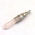 Pink quartz crystal hexagonal prism pendant with intricate silver metal filigree cap - Without Chain / Rose Quartz
