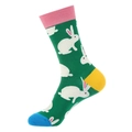 Green mid-calf socks with white rabbit patterns, pink cuff and yellow heel details - 944 Rabbit Series