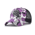 Close-up of purple camouflage trucker hat with breathable mesh and 3D circular embroidery - Adjustable / Camo Purple