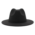Detailed close-up of a black wool felt fedora hat with teardrop crown and flat wide brim - M (56-58cm) / Black