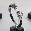 Vintage Herrenarmband aus schwarzem Leder mit silbernen Tigerkopf-Verschlüssen - 22cm / Doppelter Tigerkopf-Schnalle Geflochtener Stil (KB19299)
