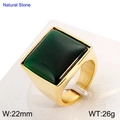 Anillo de acero dorado con una piedra verde cuadrada de 22mm y efecto ojo de gato - US 6 / Estilo Dorado Verde Oscuro (KR51641-GC)