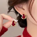18K gold-plated gourd stud earrings with red velvet inlay and sparkling rhinestones - 85# Gold Red Flocking Gourd Zirconia Studs (Pair)
