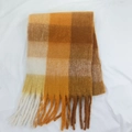 Soft yellow and brown plaid mohair scarf with fringes, warm thick winter wrap - Style 37 White Floral