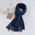 Detailed view of dark blue faux cashmere scarf with elegant fringe texture on white background - Regular Fit / Dark Blue