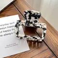 Square acetate hair claw clip with black and white marble pattern in vintage style - 6.6cm / Cow Print