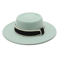 Detail of mint green wool felt boater hat with black ribbon and pearl bead accents - Mint Green