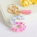 Pink and silver glitter resin letter S keychain with gold ring and soft pink tassel - Letter S / Pink