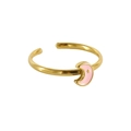 Adjustable gold open ring featuring a pink enamel moon and star design for women - Moon / Gold + Pink