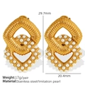 Golden double-layer hollow earrings in stainless steel with white faux pearls and dimensions - EH537 Interwoven Geometric Artificial Pearl Style / Gold
