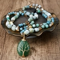 Collier perlé noué avec pendentif goutte d'eau arbre de vie et perles d'amazonite - Pendentif Forme de Poire