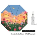 Automatic three-fold silver coating sun umbrella with moon and rose floral print - 3-Fold Automatic Moonlight Rose - Silver Coating
