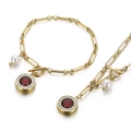 Gold stainless steel link bracelet set with white pearl and red gemstone pendants - Gold Color Red Ruby Pendant Set (KS139447-Z)