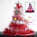 Christmas tree party hat with red and silver tinsel, colorful pom-poms and LED lights - Double Layer Red Silver With LED Light