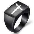 Classic black stainless steel signet ring with white laser-engraved crucifix design - Rectangle Black