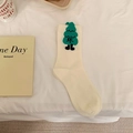 Creamy white cotton socks with a cute green 3D cartoon tree design and funny expression - One Size / Off-white Tree