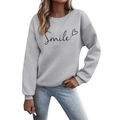 Women's light grey crew neck sweatshirt featuring black Smile script and heart print - S / Light Gray