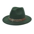 Detail of dark green wool fedora hat with brown studded leather band and metal badge - M(56-58cm) / Dark Green