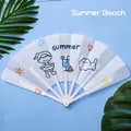 White cartoon folding fan for kids with summer theme and translucent plastic ribs - Summer Beach