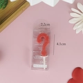 Detailed view of a red question mark birthday candle with size measurements 2.2cm x 4.1cm - Boxed-Small / Red